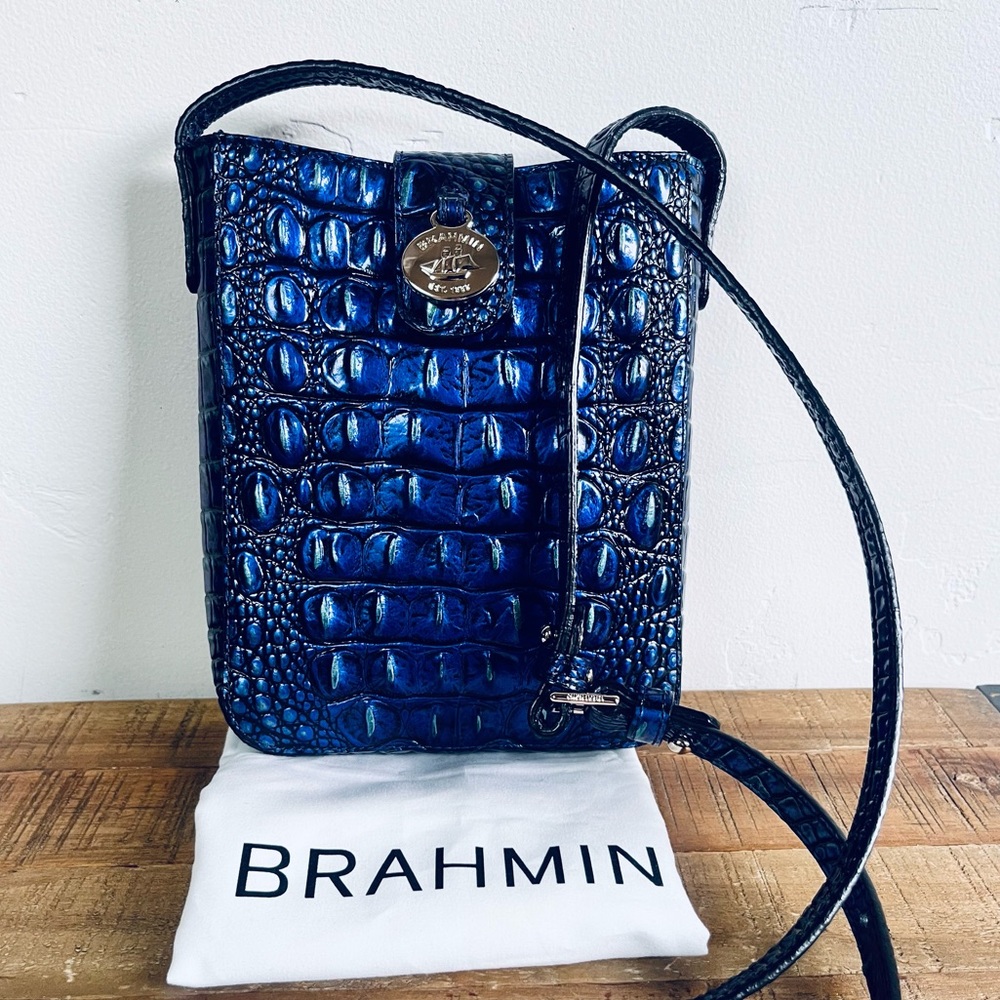 Brahmin Marley Crossbody in blue croc-embossed Melbourne leather